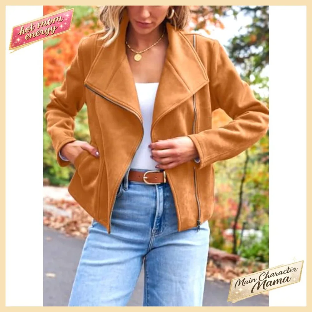 Cropped Faux Suede Leather Jacket, Open Front Cardigan Style Coat - Picture 3 of 6